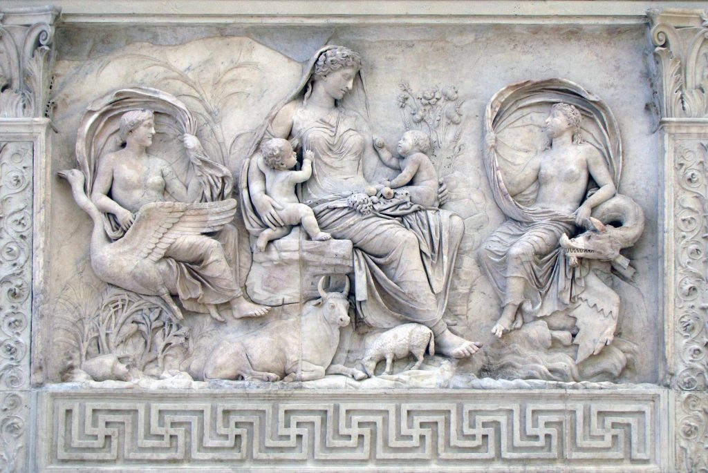 Image of relief depicting Mother Earth with Air and Water (left and right) from the Ara Pacis Augustae (Altar of Augustan Peace).