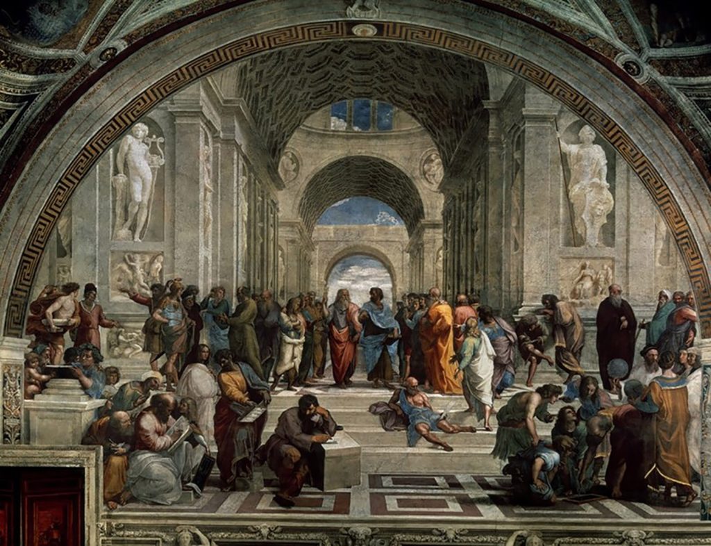 Fresco of the School of Athens by Raphael, depicting Plato, Aristotle and other ancient philosophers and mathematicians all gathered together.