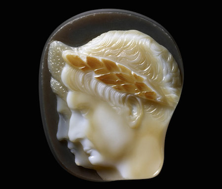 Image of Cameo with a double portrait of Emperor Trajan and his wife Plotina. The cameo is carved from a three-layered sardonyx, a type of precious stone.