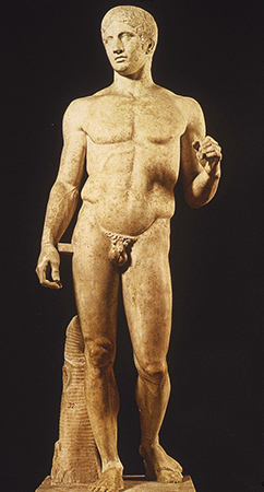 Image of marble nude statue of Doryphoros. Roman copy after an original by the Greek sculptor Polykleitos.