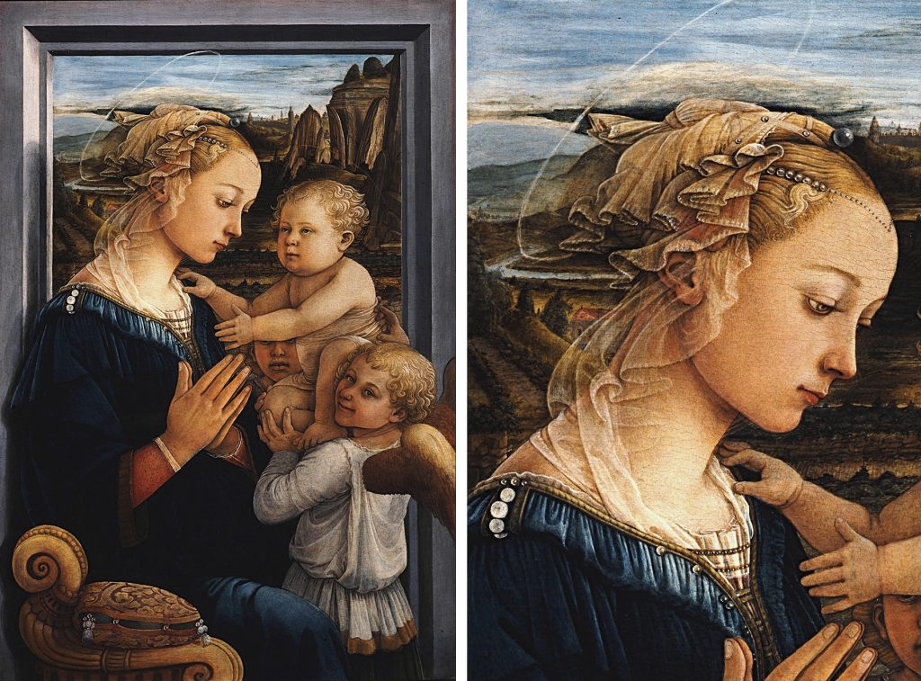 Photo of Madonna and Child with Two Angels by Fra Filippo on left, showing Madonna depicted with a child reaching for her and two angels holding the child up to Madonna. On the right is a close up photo of the face of Madonna.