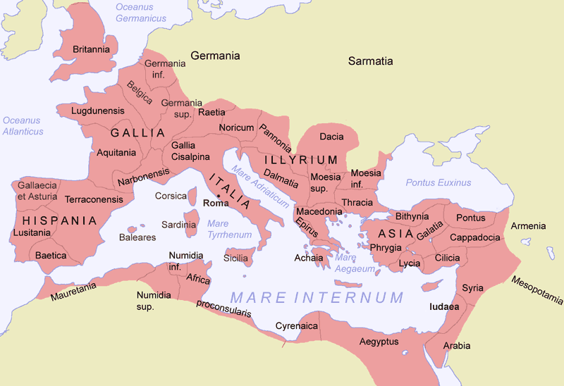 Map of the Roman empire during the Reign of Emperor Trajan. Expanding to Hispania and part of Asia.