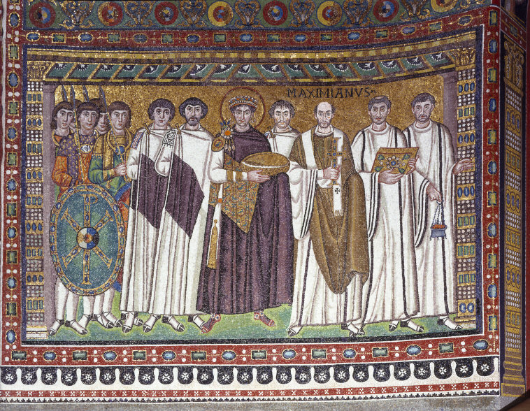 Image of a mosaic showing Emperor Justinain and his retinue.