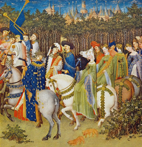 Image of young nobles in procession in the Très Riches Heures du duc de Berry. Painted by the Limbourg Brothers, manuscript illumination on vellum.
