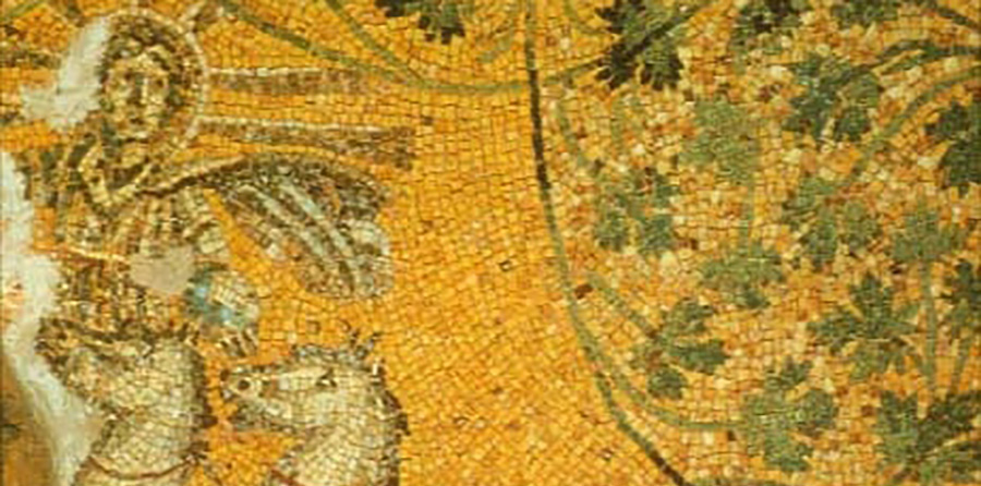 Christ as the Sun (Christ as Sol Invictus - Invincible Sun) is a detail from a mosaic in a small mausoleum in a necropolis beneath Old St. Peter's cathedral. Christ is seen as Apollo (Sol) sun-like as he rides a chariot across the heavens. His halo made from emanating solar rays. The Roman imperial apotheosis transfigures into the Christian resurrection.