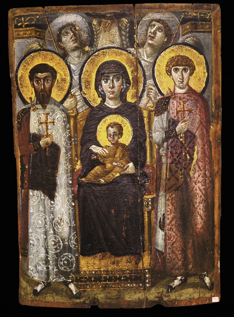 Image of encaustic painting on wood. Virgin and child (center) with two saints.
