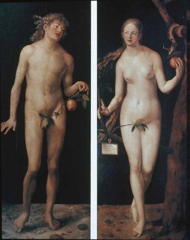 Image of Adam and Eve by Albrecht Dürer. Two panels, Adam shown on the left and Eve shown on the right with an apple in her hand. Oil painting.