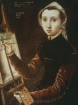 Self portrait of Catharina van Hemessen. Catharina is shown painting at the easel. Oil on panel painting.