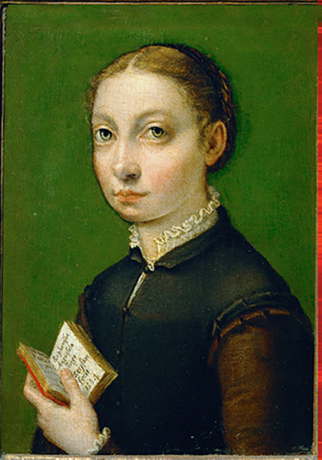 Self portrait of Sofonisba Anguissola. Sofonisba is shown holding a small book. Oil on panel painting.