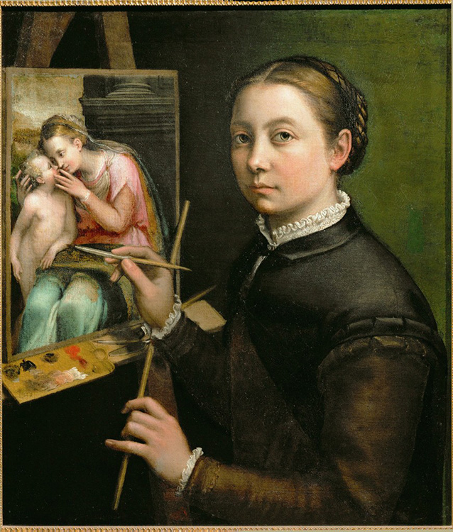 Self portrait of Sofonisba Anguissola. Sofonisba is shown at the easel working on a painting. Oil on canvas painting.