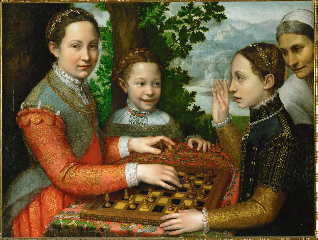 Image of The Chess Game, portrait of Sofonisba Anguissola's' three sisters playing chess. Oil on canvas painting.
