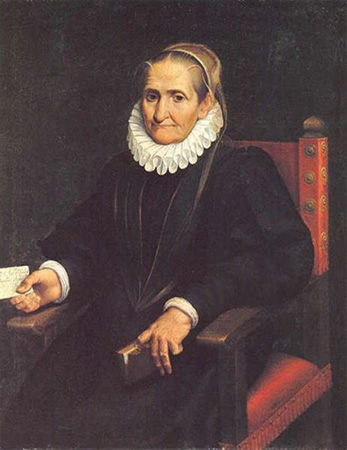 Self portrait of Sofonisba Anguissola depicted at 78 years old. She wears a black modest dress and holds a small book and a piece of paper in her hands.