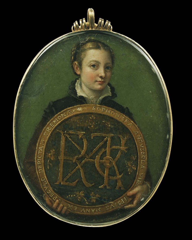 Self portrait of Sofonisba Anguissola. Sofonisba is shown holding a medallion with Latin inscribed: The maiden Sofonisba Anguissola, depicted by her own hand, from a mirror, at Cremona. Varnished watercolor on parchment.