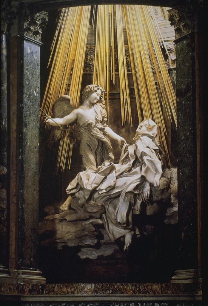 Image of The Ecstasy of St. Teresa, marble and gilded bronze niche sculpture by Gian Lorenzo Bernini. Shown is Teresa swooning as an angel appears above her with a spear.