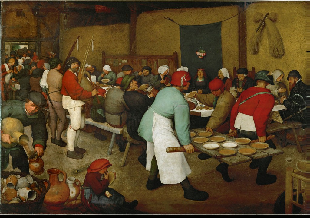 Painting of people gathered ready to dine, while food is being passed out.