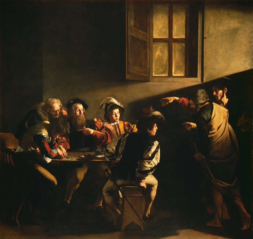 image of The Calling of Saint Matthew by Caravaggio. Shown is the moment of conversion for Matthew when Jesus calls on Matthew to follow him. Oil on canvas painting.