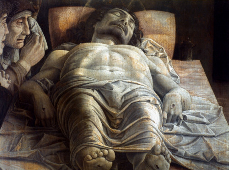 Painting of Jesus Chist laying on a bed and covered with a sheet in death.