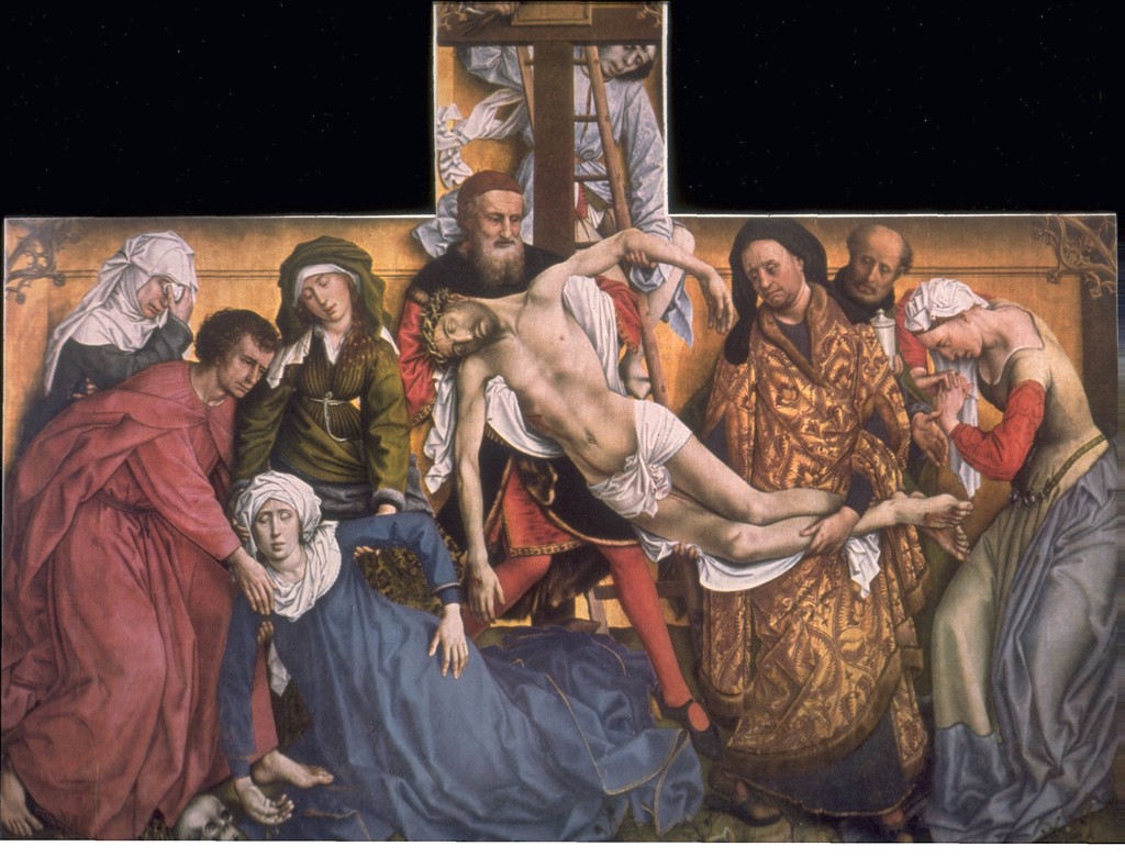 Image of Descent from the Cross by Rogier van der Weyden. Shown is Christ being taken down from the cross. Tempera/oil on wood.