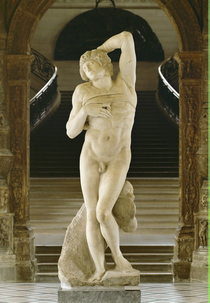 Statue of a nude man one arm over head, other hand holding fabric on his chest.