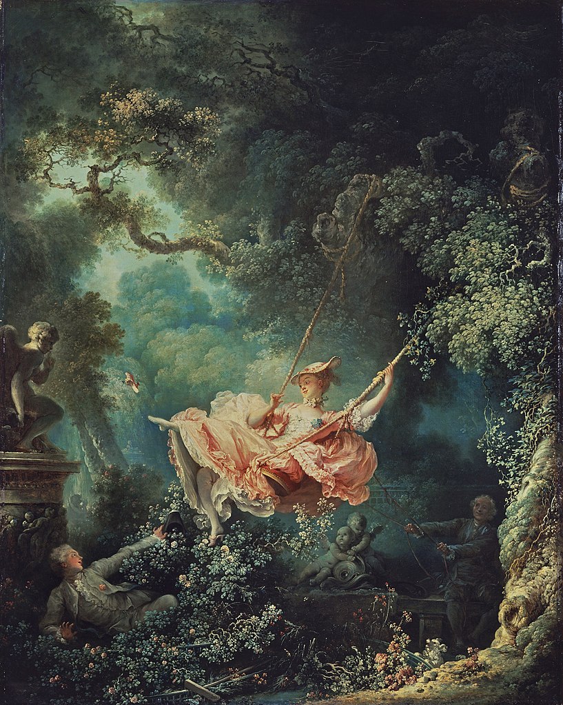 Image of The Swing by Jean-Honoré Fragonard. Shown is young woman on a swing held from a tree. She wears a light pink dress, as the swing pulls her up one of her shoes has fallen off. A man is at the bottom gazing up at the woman while a man in the background hold the ropes which pull the swing backwards. Oil on canvas painting.