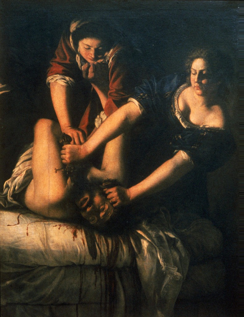 Image of Judith Slaying Holofernes by Artemisia Gentileschi. Shown is Judith with a sword to Holofernes' neck as he tries to resist. Blood is gashed over the white bed covers. Oil on canvas painting.