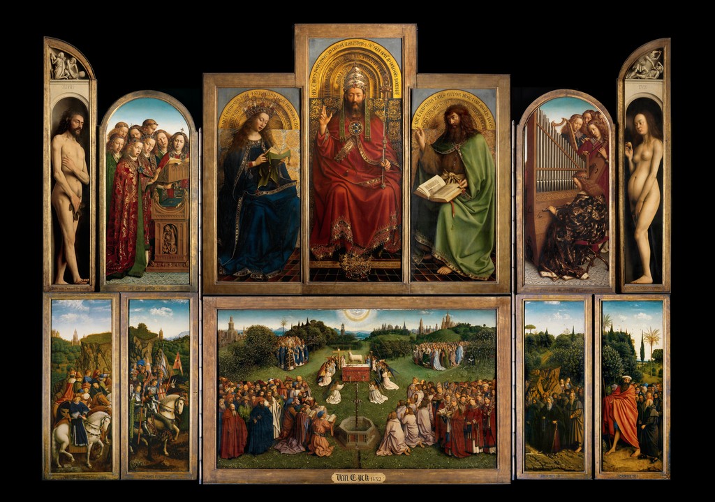 Image of the Ghent Altarpiece by Jan van Eyck. Christ shown at the center with Mary to his left and St.John the Baptist to his right. Adam and Eve shown left and right respectively. At the bottom the Adoration of the Holy Lamb is depicted.