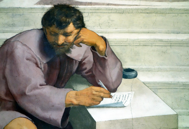 Image of Heraclitus, features based on Michelangelo. Close up from Raphael's School of Athens.