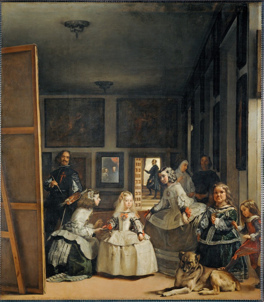 Image of Las Meninas (The Ladies in Waiting) by Diego Velazquez. Shown are four little girls, and a small boy and dog. To the left is a self portrait of Diego Velazquez painting.