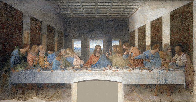 Painting depicting Christ eating with his disciples - they are seated on one side of the table and talking amongst themselves in different groups.