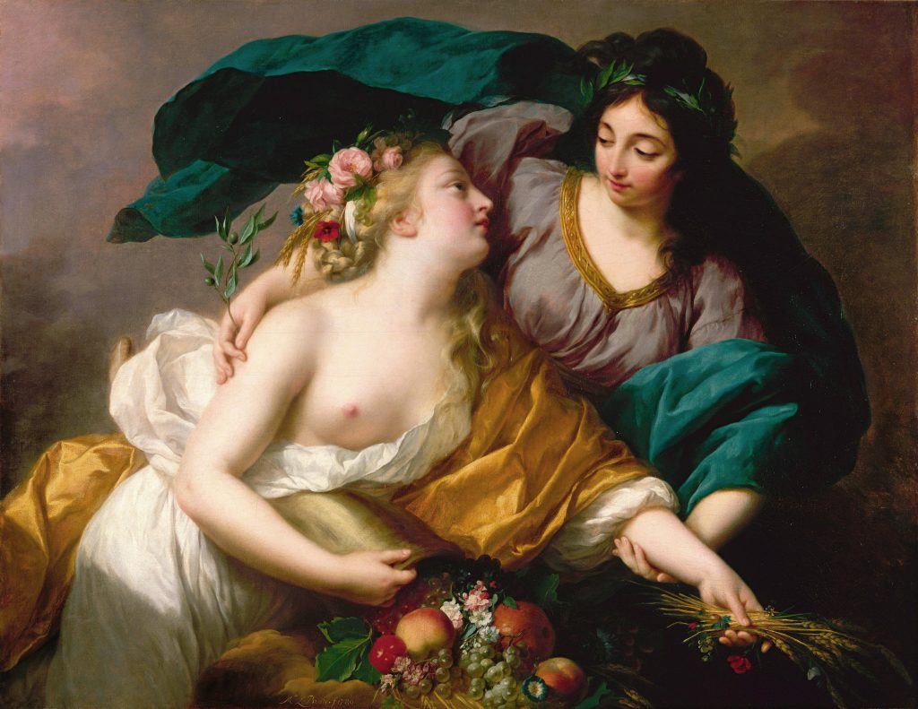Painting of two women representing Peace and Abundance.