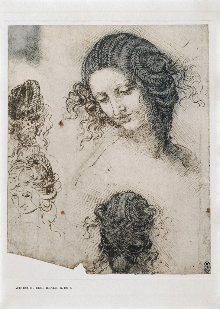 Several drawings of a woman's head from different perspectives, with curly, wispy hair.
