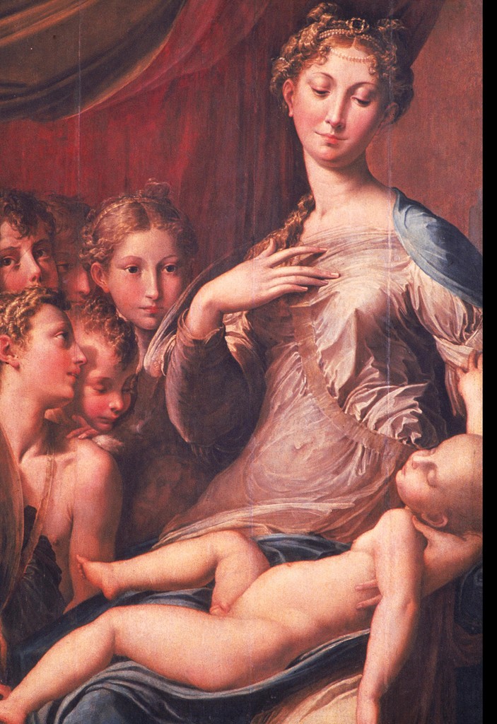 Madonna of the Long Neck by Parmigianino. Shown is Madonna depicted with a relatively small head and long neck, her hips are very wide and coming down to her feet which are also small. Christ shown as a boy lays over her lap.