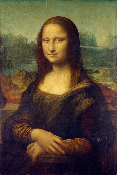 Photo of the Mona Lisa, a painting depicting a woman seated in robes, arms crossed, slightly smiling.