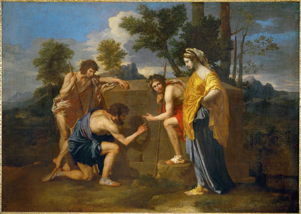 Et in Arcadia Ego (Arcadian Shepherds) by Nicolas Poussin. Shown are three shepherds gathered around a tomb with a woman wearing gold like draping. Oil on canvas painting.