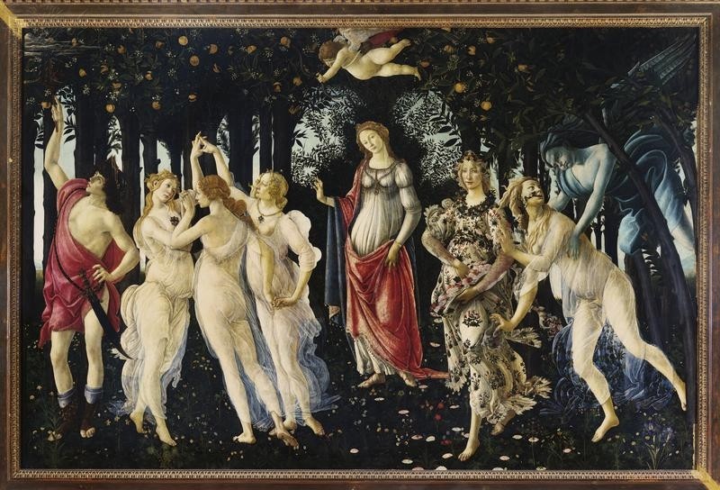 Painting showing Venus in the center with various figures surrounding her. To her left are the three graces and the God Mars. To the right is Zephyr the God of wind abducting Chloris who is holding on to Flora. Above all the figures is Cupid, son of Venus who is blindfolded pointing his arrow down.