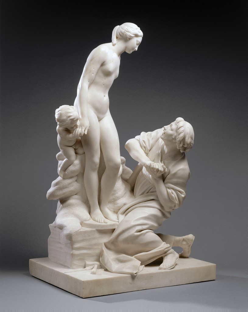 Marble sculpture of Pygmalion and Galatee by Etienne-Maurice Falconet. Shown is Pygmalion nude standing before Galatee. Galatee is shown kneeling before Pygmalion.