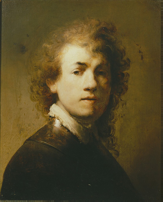 Self portrait of Rembrandt. Oil on panel painting.