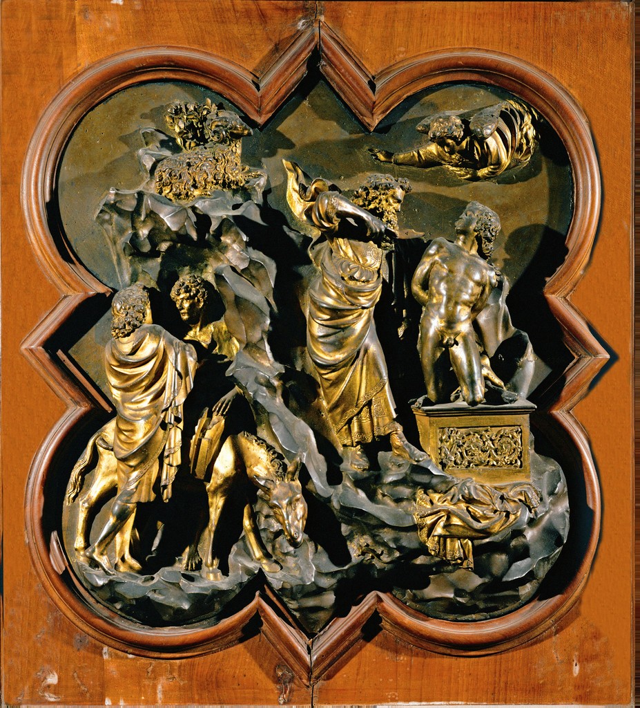 Image of bronze relief of the Sacrifice of Isaac by Filippo Brunelleschi. Showing Abraham ready to sacrifice Isaac.