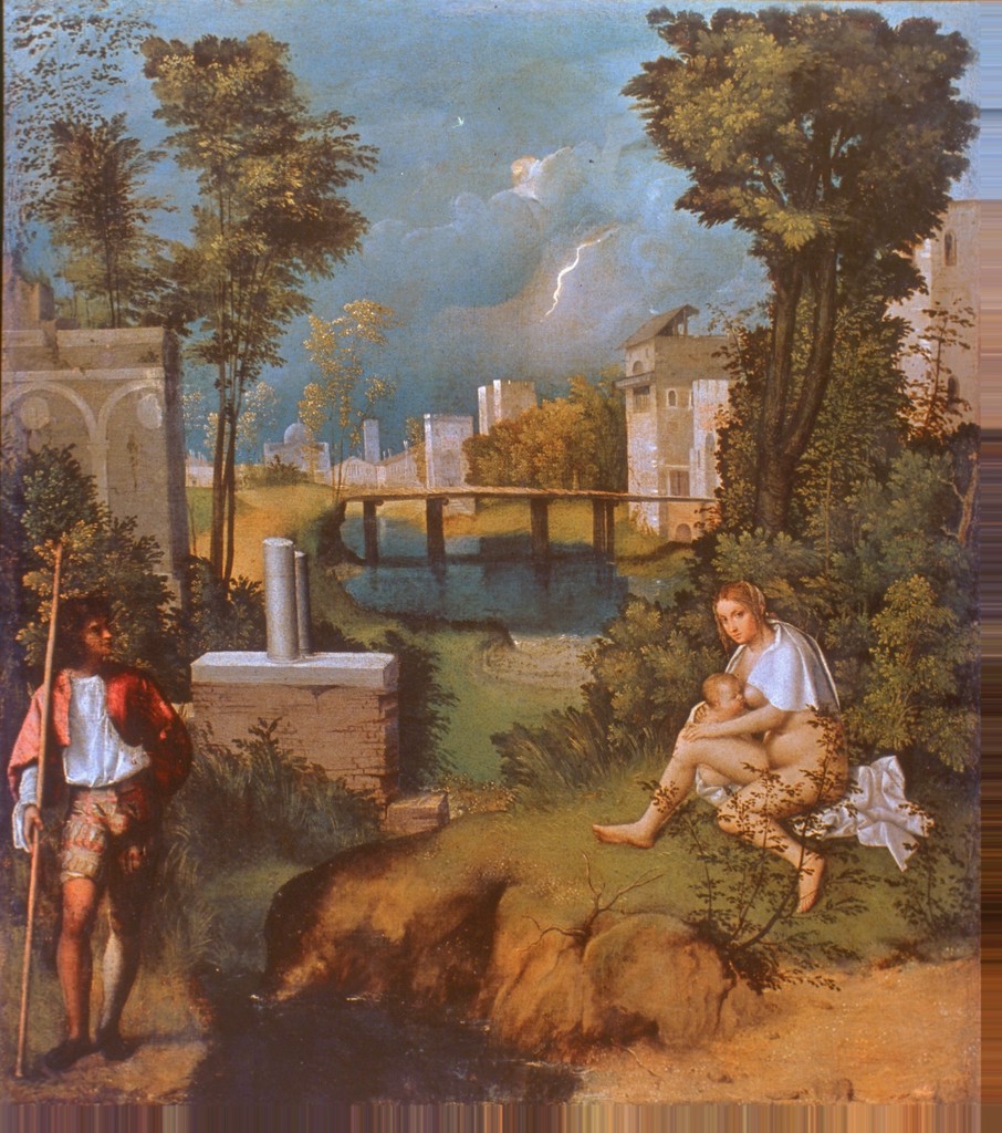 Image of The Tempest by Giorgione, oil on canvas. Shown is a woman believed to be a Gypsy breastfeeding a child. To the left is a young man holding a staff looking to the woman.