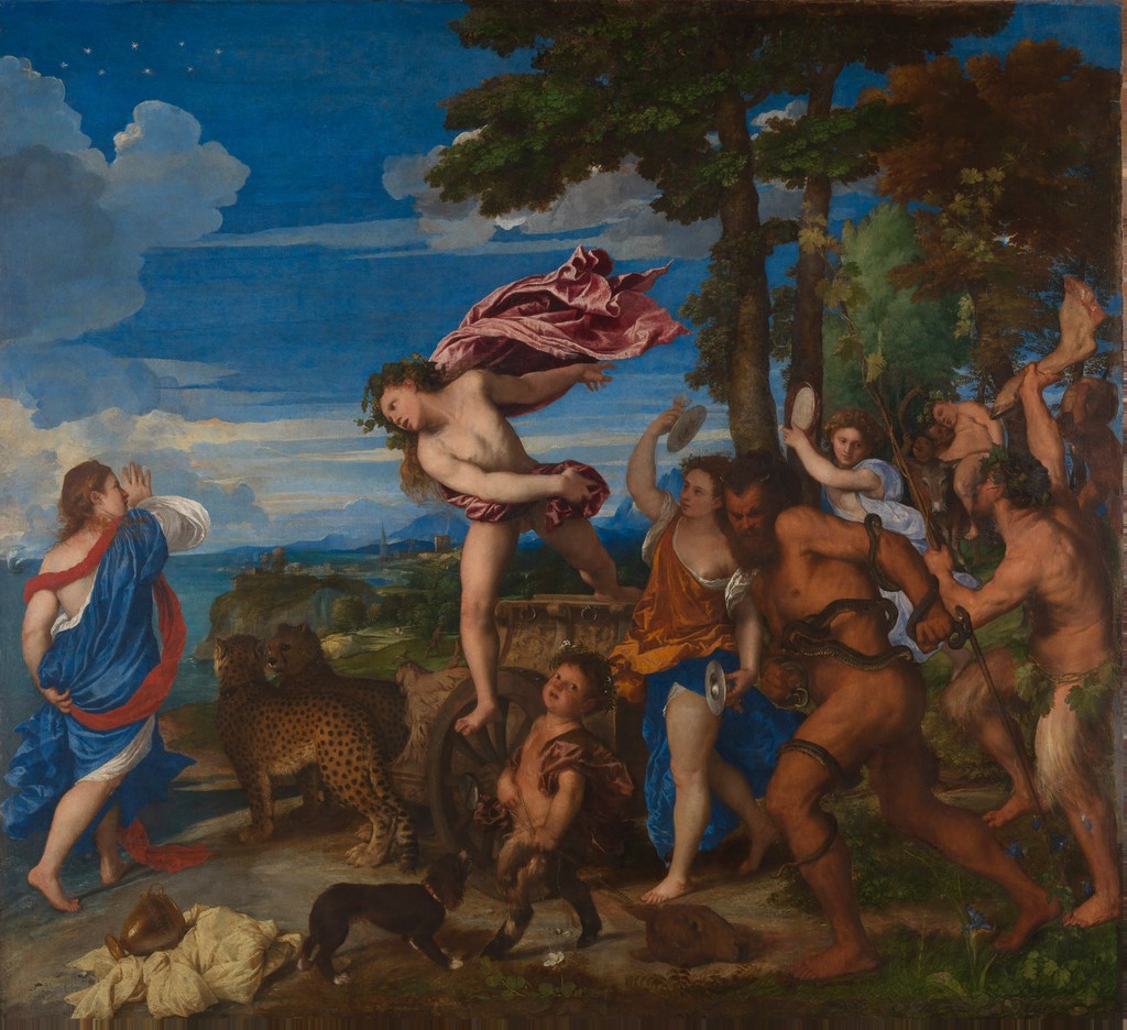 Painting of Bacchus leaping from his chariot pulled by cheetahs to approach Ariadne who was abandoned on the Greek Island of Naxos.