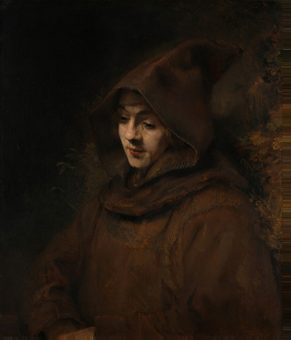 Image of Titus as a Monk by Rembrandt. Shown is Rembrandt's son Titus depicted as a monk, wearing a typical brown Monk attire.
