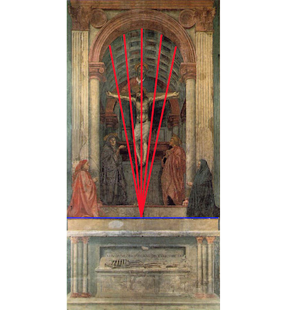 Image of perspective diagram of Holy Trinity by Masaccio - Lines representing perspetive are drawn from Crist's feet and radiate fan-like, upwards.