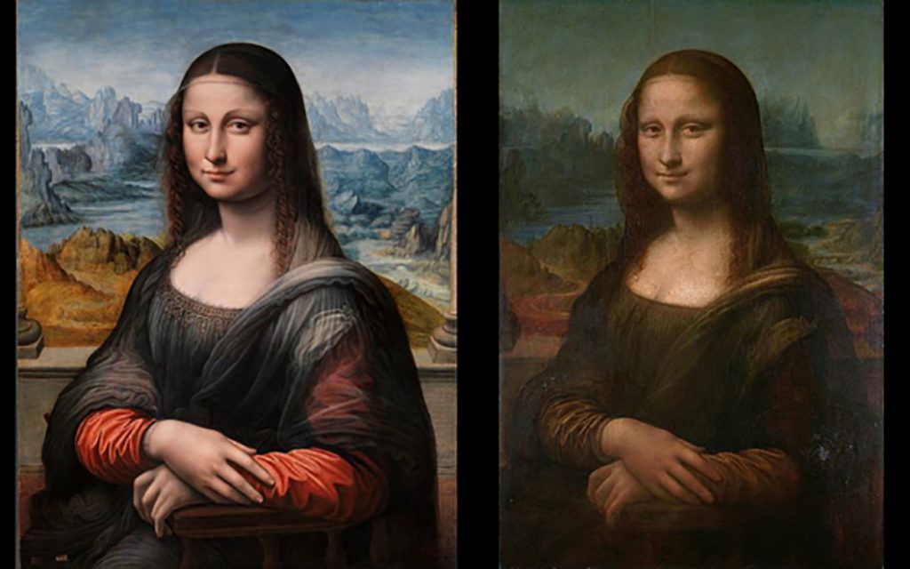 Image of two Mona Lisa paintings. Left: Mona Lisa by an unknown artist, believed to be done by da Vinci's apprentice. Right: original Mona Lisa by Leonardo da Vinci.