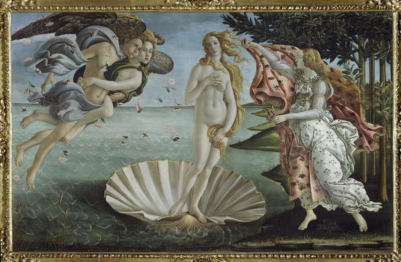 Painting showing Venus being born from the sea as she floats on a seashell, while Zephr the west wind blows on her. To the right is an attendant ready to wrap Venus.