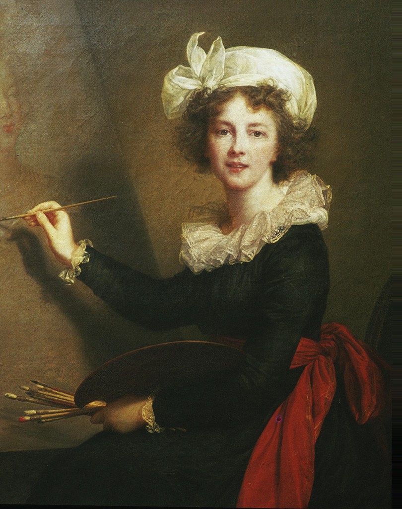 Self portrait of Elisabeth Louise Vigee-LeBrun. Shown painting a portrait. Oil on canvas painting.