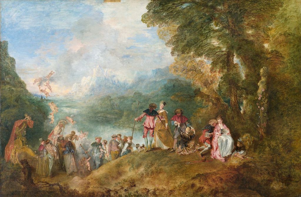 Image of Pilgrimage to Cythera by Antoine Watteau. Shown are various couples on the Island Cythera (birthplace of Venus). Above the couples several Cupids fly around. To the right there is a statue of Venus, and in the background the ship in which the couples embark is seen. Oil on canvas painting.