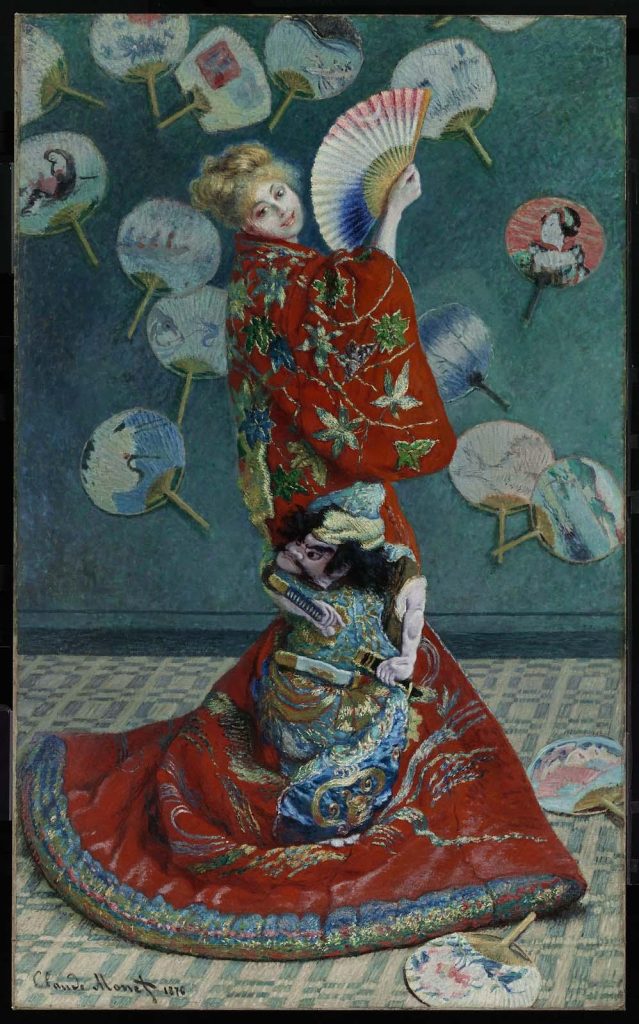 A painting of a lady wearing a long red kimono and holding a Japanese fan.