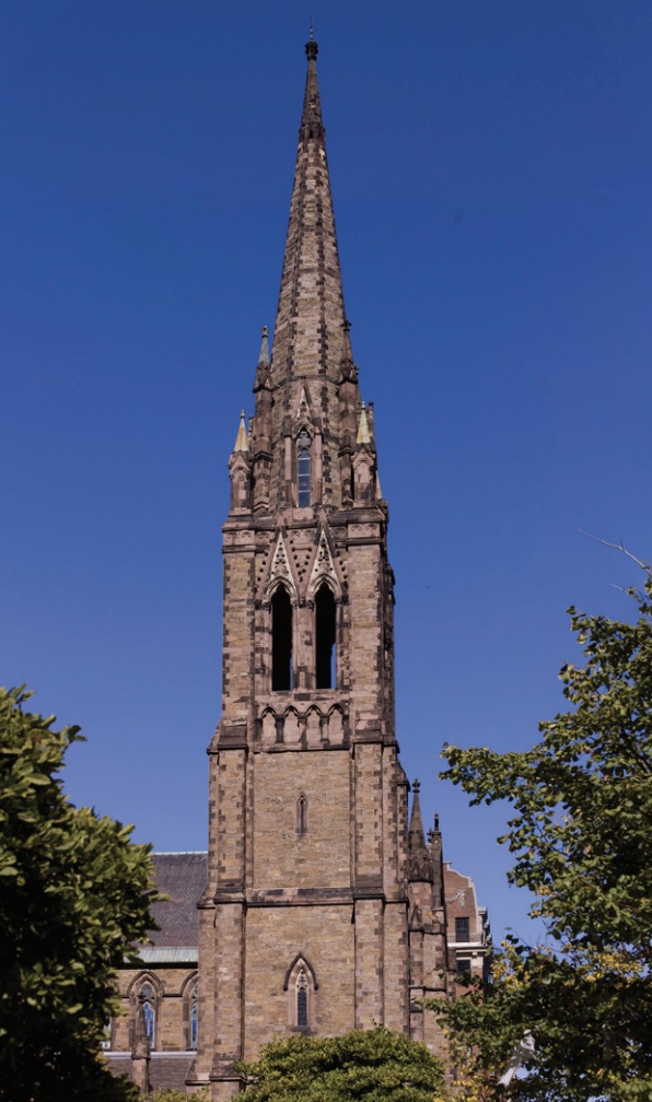 Photo of church with tall steeple.