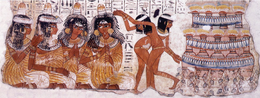 Fresco painting of dancers and people celebrating and playing instruments.