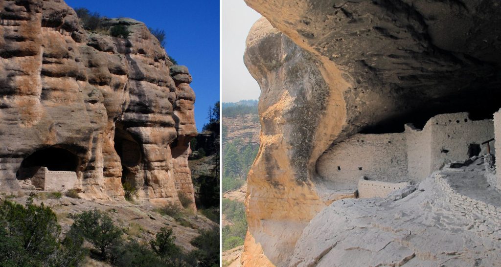 Two photos of cliff dwellings of Mogollon people.